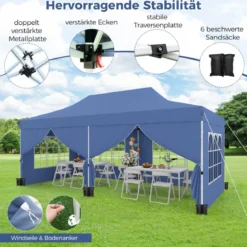 3 x 6 m Pavillon Faltpavillon mit 6 abnehmbaren Seitenwänden & Sandsäcke
