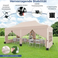 3 x 6 m Pavillon Faltpavillon mit 6 abnehmbaren Seitenwänden & Sandsäcke