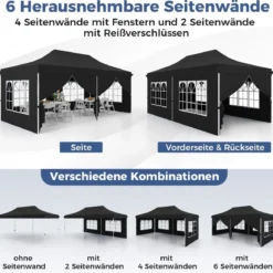 3 x 6 m Pavillon Faltpavillon mit 6 abnehmbaren Seitenwänden & Sandsäcke