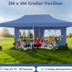 3 x 6 m Pavillon Faltpavillon mit 6 abnehmbaren Seitenwänden & Sandsäcke