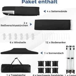 3 x 6 m Pavillon Faltpavillon mit 6 abnehmbaren Seitenwänden & Sandsäcke