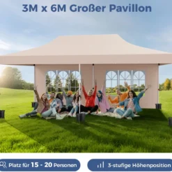 3 x 6 m Pavillon Faltpavillon mit 6 abnehmbaren Seitenwänden & Sandsäcke