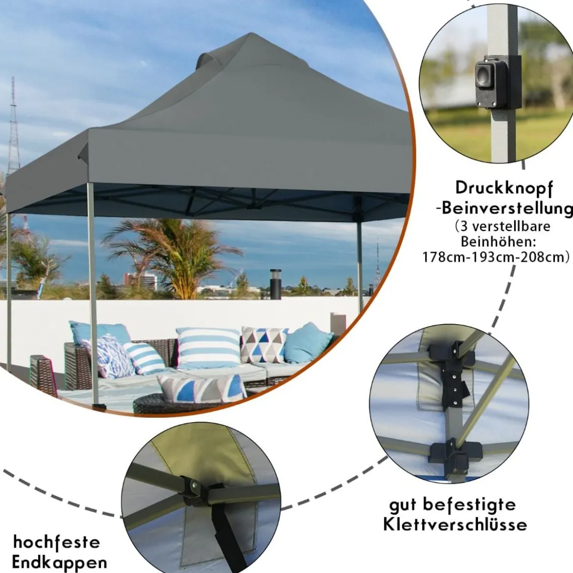 3 x 3 m Pavillon Faltpavillon wasserdicht stabil Winterfest Partyzelt mit Tragetasche auf Rollen Grau