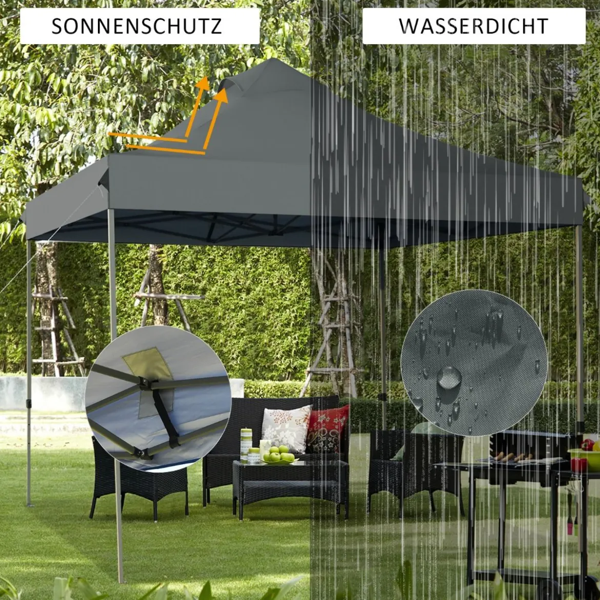 3 x 3 m Pavillon Faltpavillon wasserdicht stabil Winterfest Partyzelt mit Tragetasche auf Rollen Grau