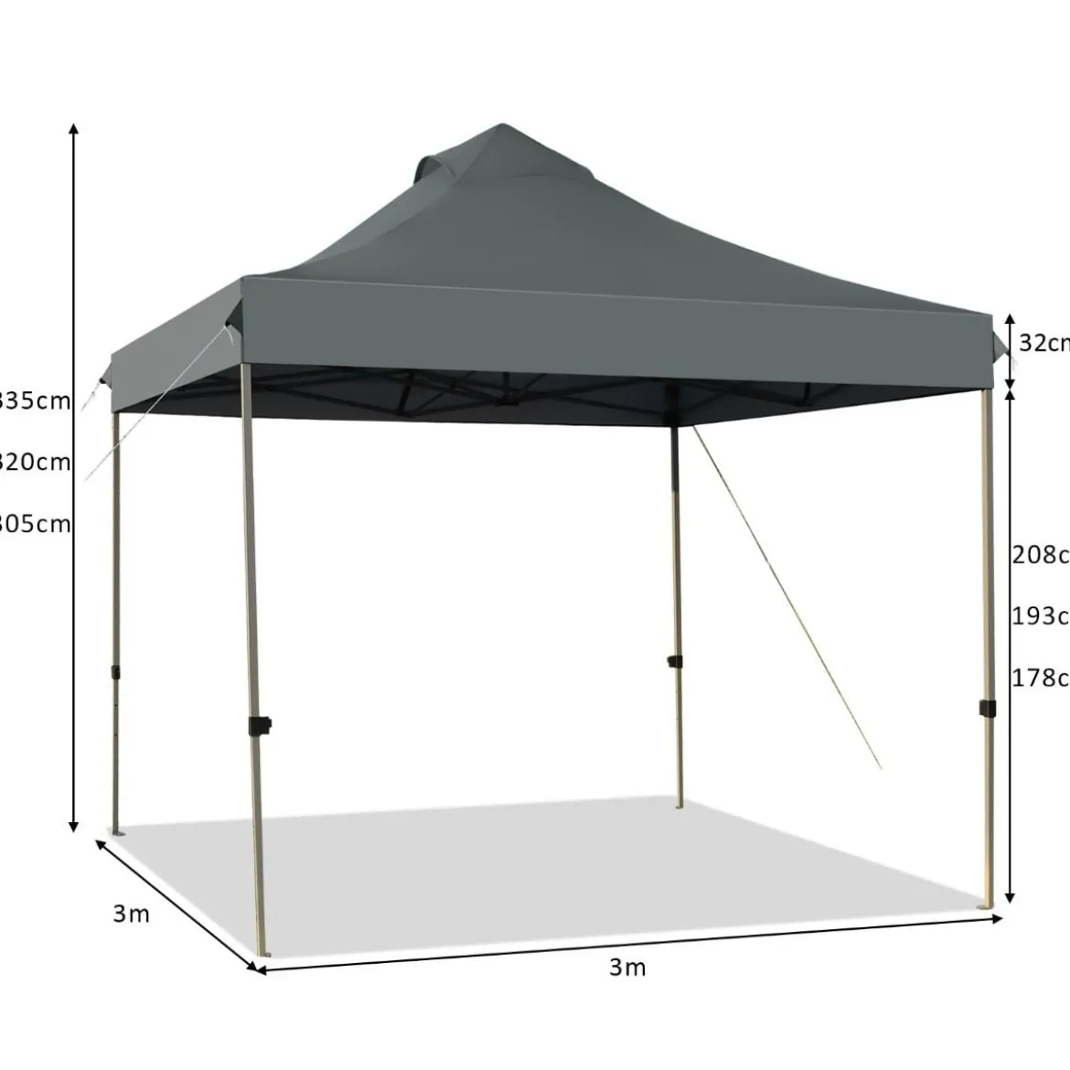 3 x 3 m Pavillon Faltpavillon wasserdicht stabil Winterfest Partyzelt mit Tragetasche auf Rollen Grau