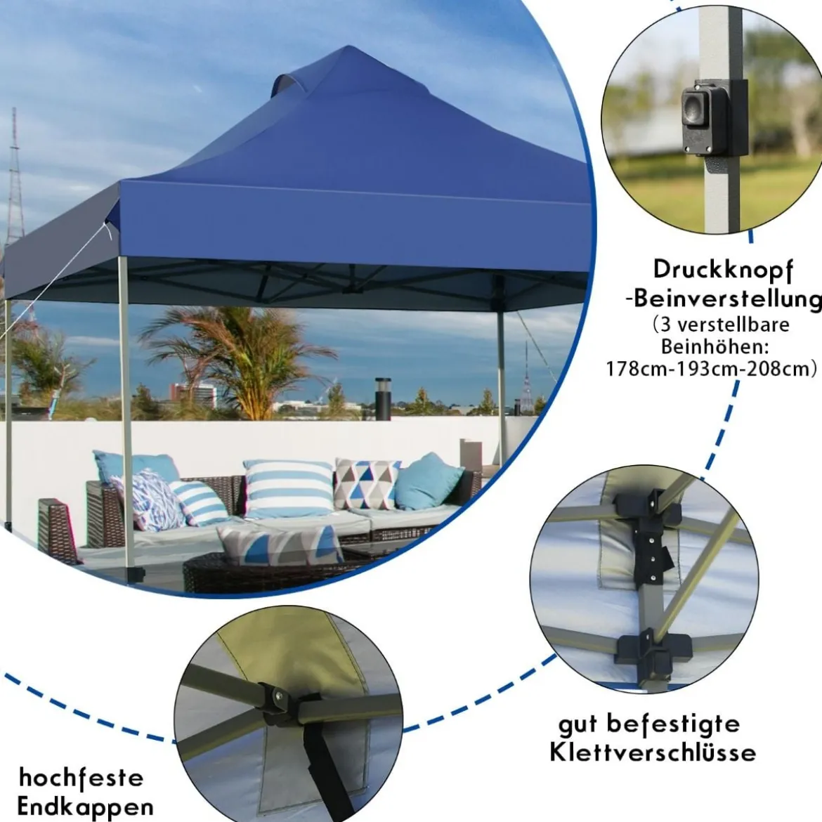 3 x 3 m Pavillon Faltpavillon wasserdicht stabil Winterfest Partyzelt mit Tragetasche auf Rollen Blau