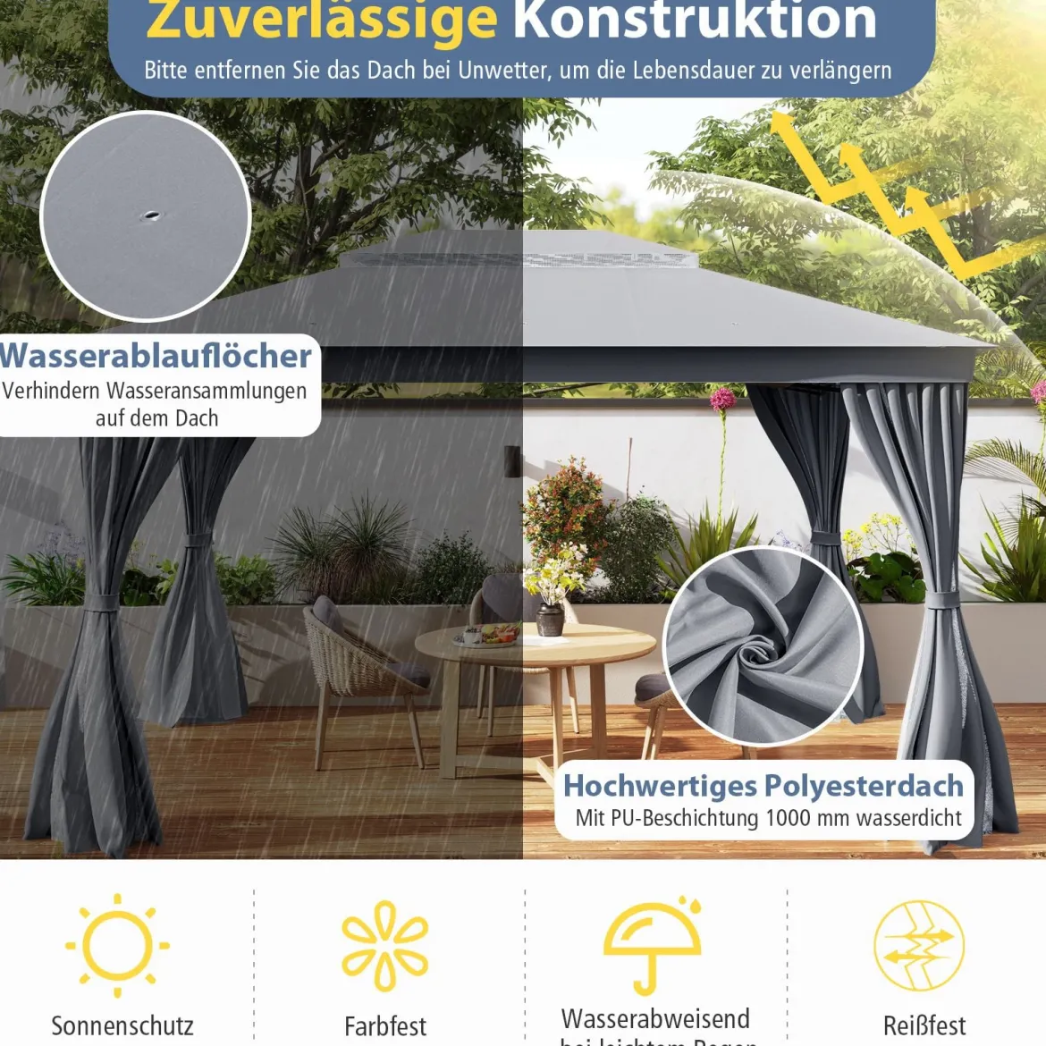 4 x 3 m Pavillon Gartenpavillon mit Netz & Vorhang & Doppeldach Pavillonzelt wasserdicht Sonnenschutz für Terrasse