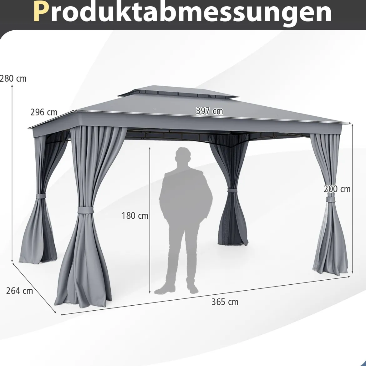 4 x 3 m Pavillon Gartenpavillon mit Netz & Vorhang & Doppeldach Pavillonzelt wasserdicht Sonnenschutz für Terrasse