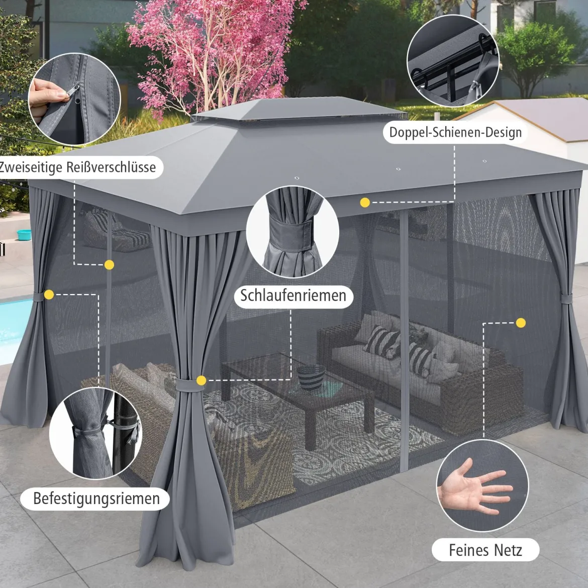 4 x 3 m Pavillon Gartenpavillon mit Netz & Vorhang & Doppeldach Pavillonzelt wasserdicht Sonnenschutz für Terrasse