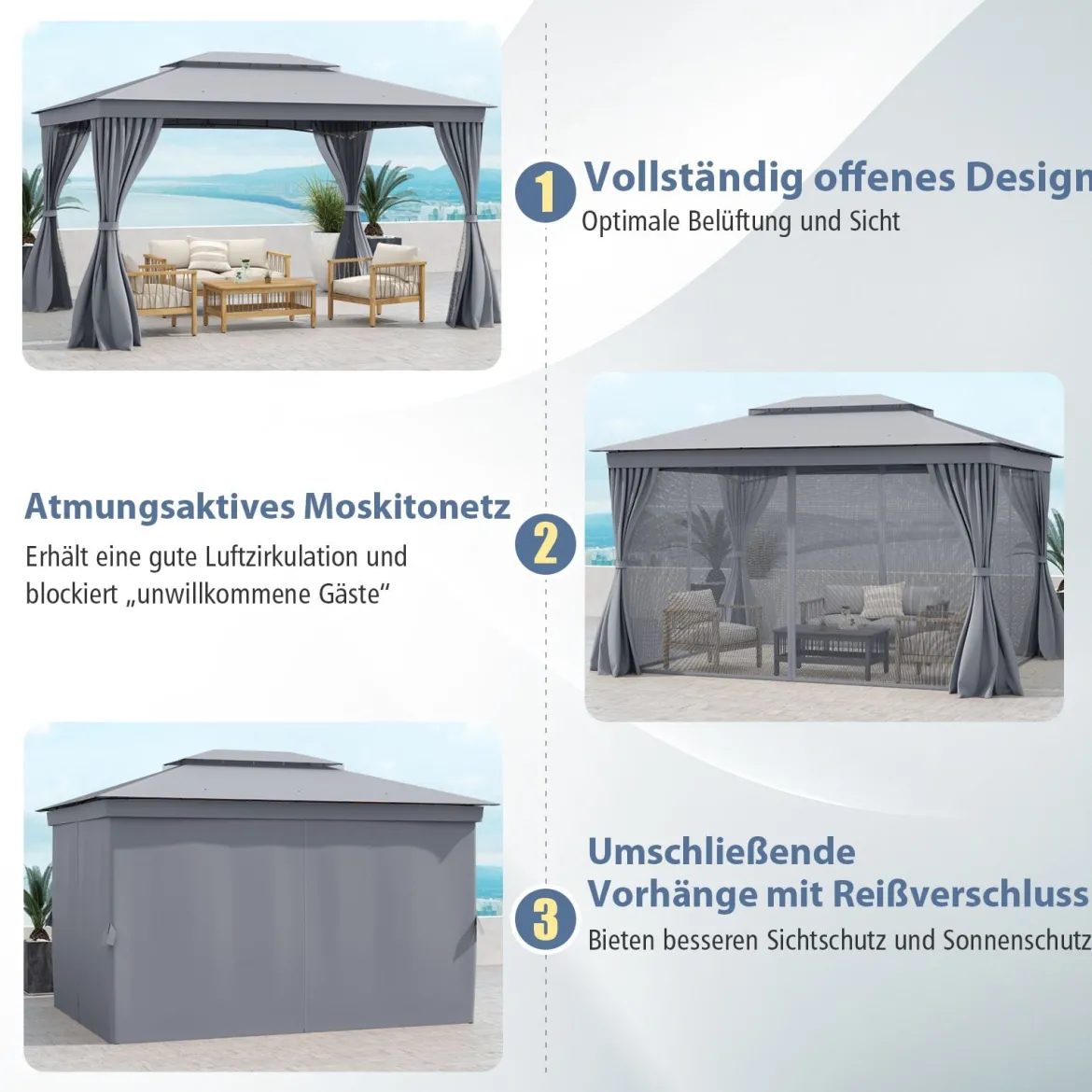 4 x 3 m Pavillon Gartenpavillon mit Netz & Vorhang & Doppeldach Pavillonzelt wasserdicht Sonnenschutz für Terrasse