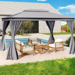 4 x 3 m Pavillon Gartenpavillon mit Netz & Vorhang & Doppeldach Pavillonzelt wasserdicht Sonnenschutz für Terrasse
