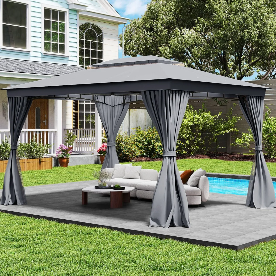 4 x 3 m Pavillon Gartenpavillon mit Netz & Vorhang & Doppeldach Pavillonzelt wasserdicht Sonnenschutz für Terrasse