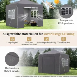 3 x 3m Pavillon Klappbar Wasserfester Gartenpavillon mit Abnehmbaren Seitenwänden Metallrahmen