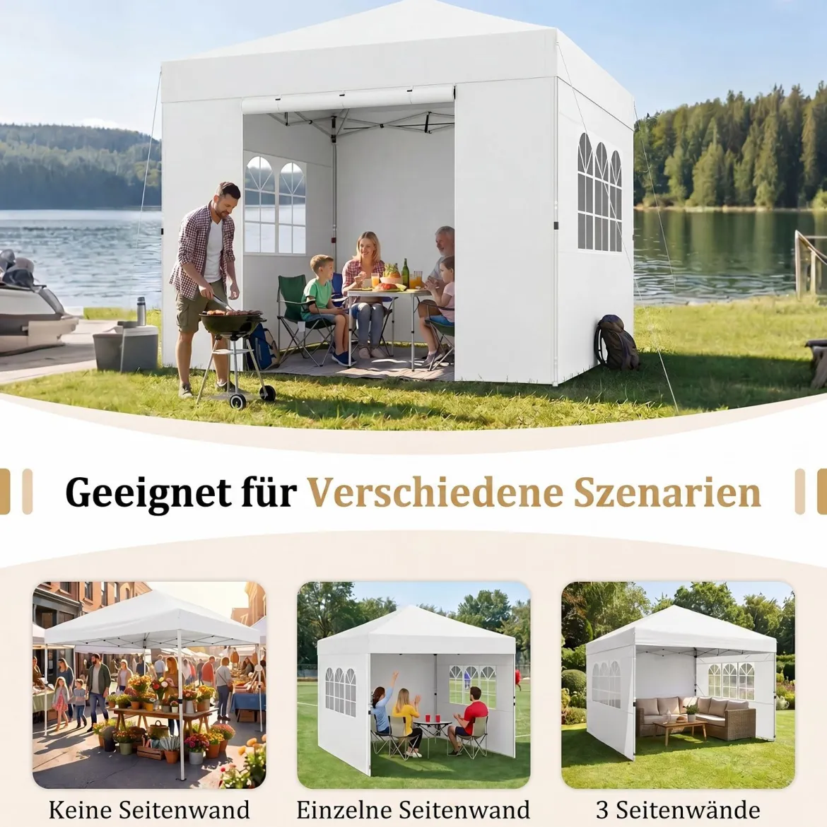 3 x 3m Pavillon Klappbar Wasserfester Gartenpavillon mit Abnehmbaren Seitenwänden Metallrahmen