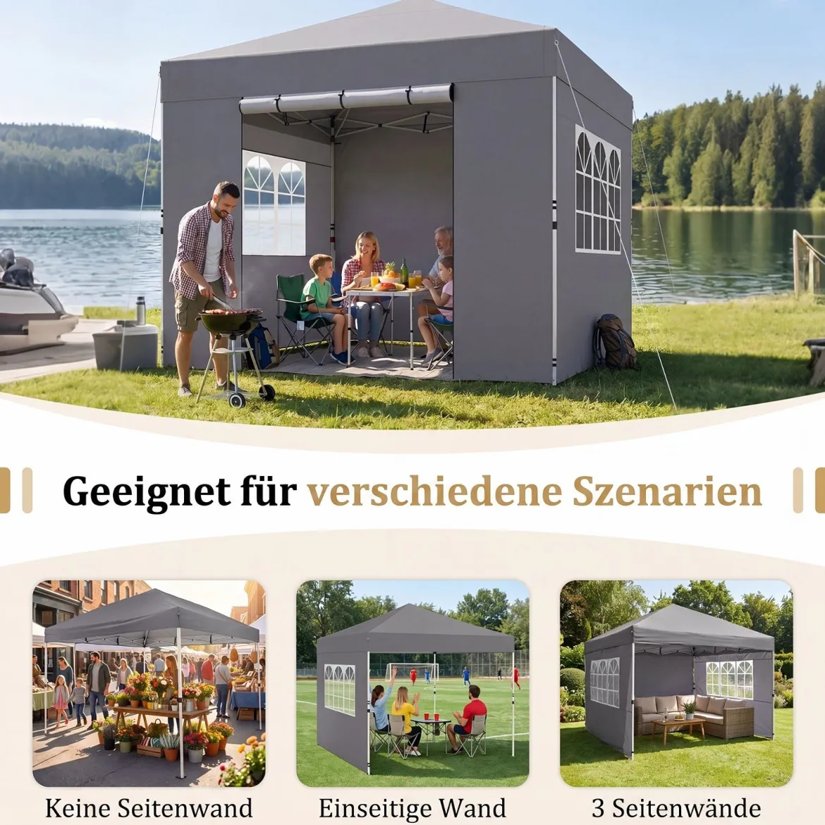 3 x 3m Pavillon Klappbar Wasserfester Gartenpavillon mit Abnehmbaren Seitenwänden Metallrahmen