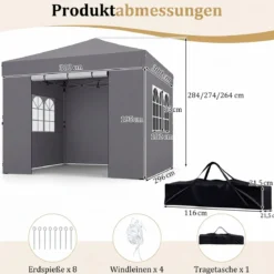3 x 3m Pavillon Klappbar Wasserfester Gartenpavillon mit Abnehmbaren Seitenwänden Metallrahmen