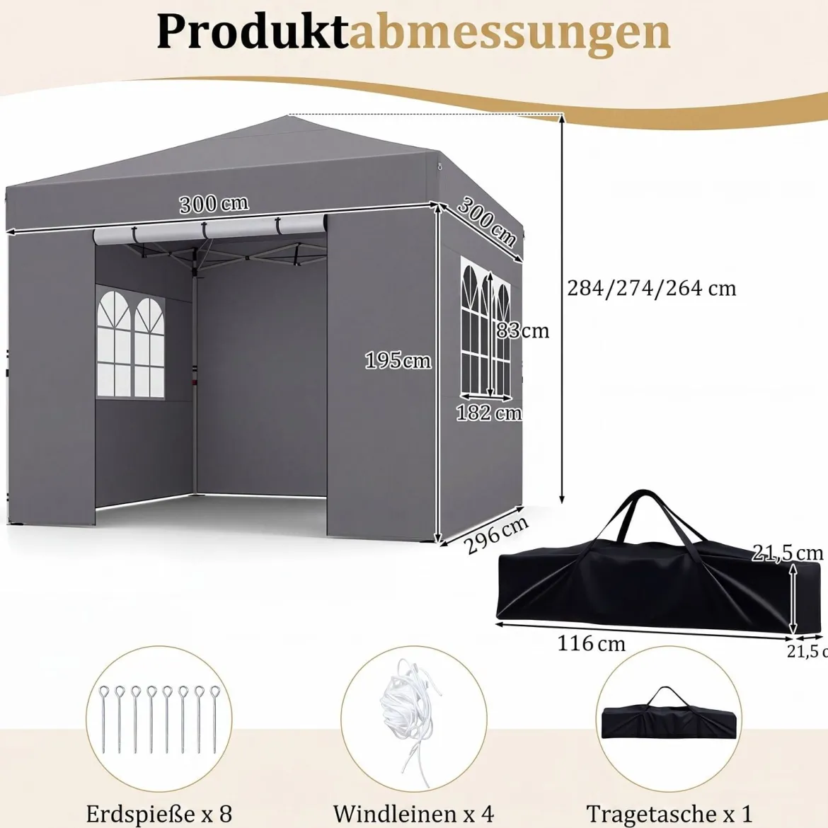 3 x 3m Pavillon Klappbar Wasserfester Gartenpavillon mit Abnehmbaren Seitenwänden Metallrahmen