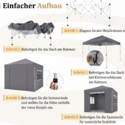 3 x 3m Pavillon Klappbar Wasserfester Gartenpavillon mit Abnehmbaren Seitenwänden Metallrahmen