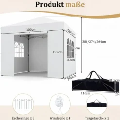 3 x 3m Pavillon Klappbar Wasserfester Gartenpavillon mit Abnehmbaren Seitenwänden Metallrahmen