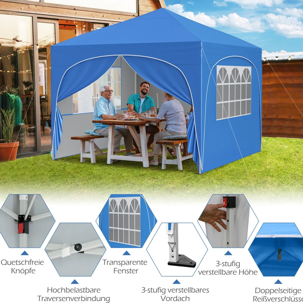 3 x 3 M Pavillon mit 4 abnehmbaren Seitenwänden Gartenzelt inkl. Rolltasche 8 Heringe 4 Anker Blau