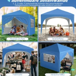 3 x 3 M Pavillon mit 4 abnehmbaren Seitenwänden Gartenzelt inkl. Rolltasche 8 Heringe 4 Anker Blau