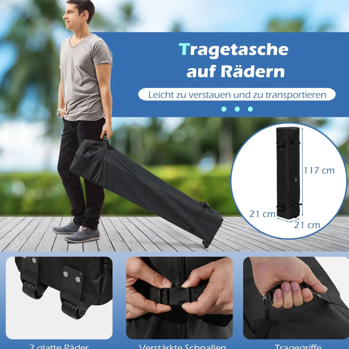 3 x 3 M Pavillon mit 4 abnehmbaren Seitenwänden Gartenzelt inkl. Rolltasche 8 Heringe 4 Anker Blau