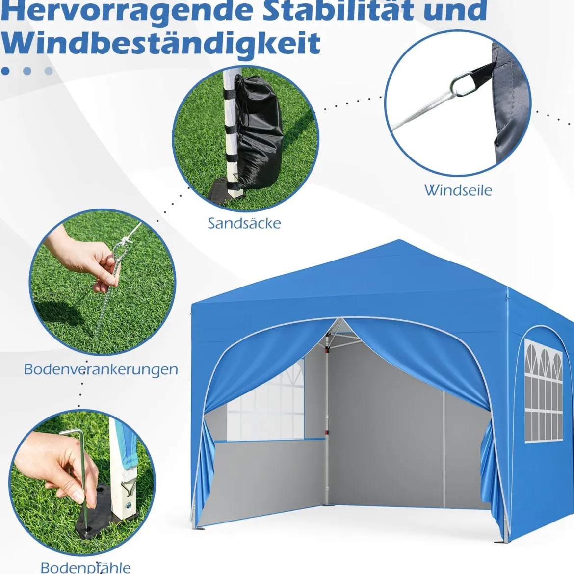 3 x 3 M Pavillon mit 4 abnehmbaren Seitenwänden Gartenzelt inkl. Rolltasche 8 Heringe 4 Anker Blau