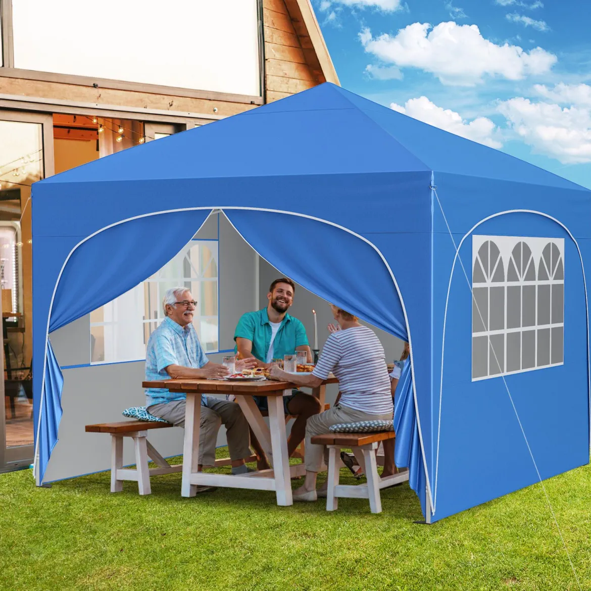 3 x 3 M Pavillon mit 4 abnehmbaren Seitenwänden Gartenzelt inkl. Rolltasche 8 Heringe 4 Anker Blau