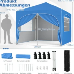 3 x 3 M Pavillon mit 4 abnehmbaren Seitenwänden Gartenzelt inkl. Rolltasche 8 Heringe 4 Anker Blau