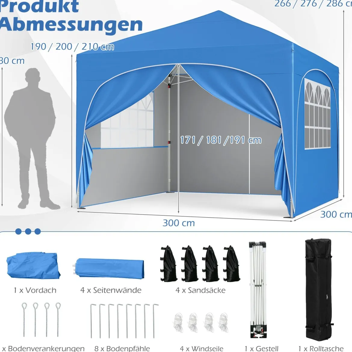 3 x 3 M Pavillon mit 4 abnehmbaren Seitenwänden Gartenzelt inkl. Rolltasche 8 Heringe 4 Anker Blau