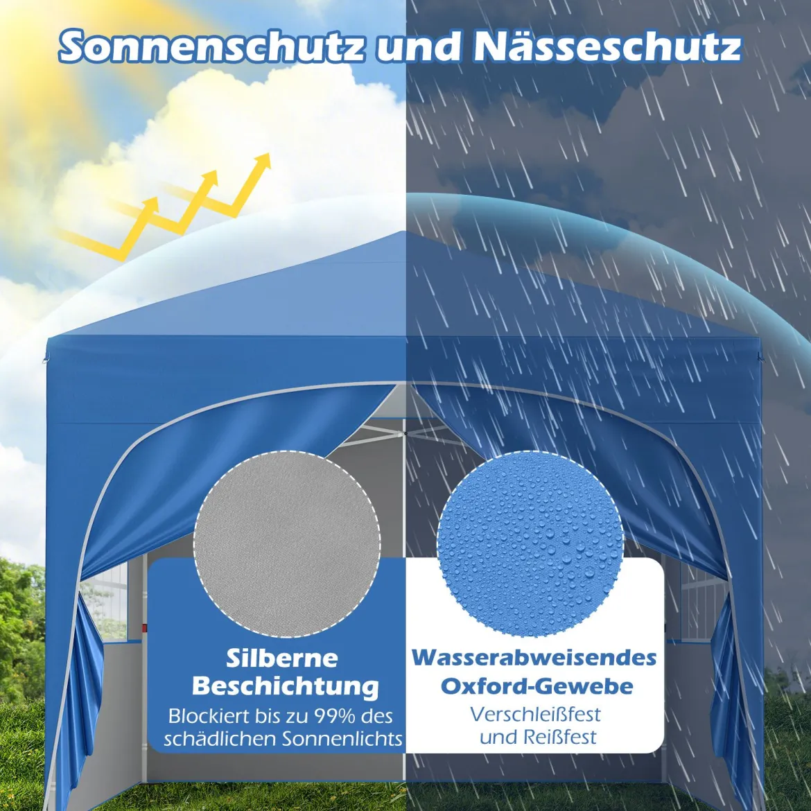 3 x 3 M Pavillon mit 4 abnehmbaren Seitenwänden Gartenzelt inkl. Rolltasche 8 Heringe 4 Anker Blau