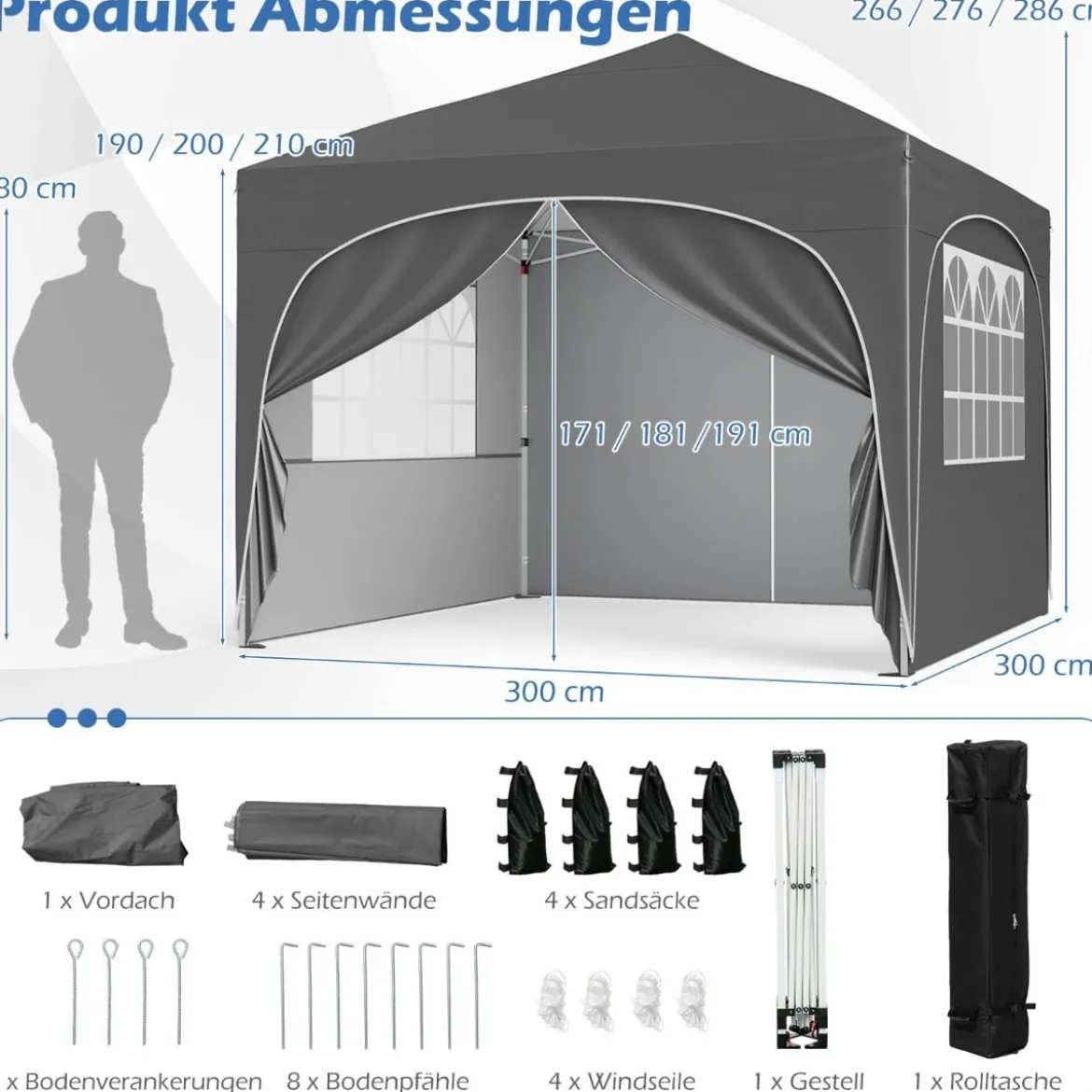 3 x 3 M Pavillon mit 4 Abnehmbaren Seitenwänden Gartenzelt inkl. Rolltasche 8 Heringe 4 Anker Grau