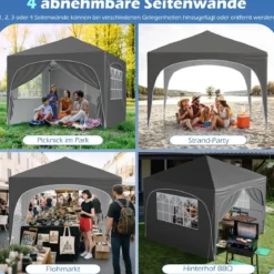 3 x 3 M Pavillon mit 4 Abnehmbaren Seitenwänden Gartenzelt inkl. Rolltasche 8 Heringe 4 Anker Grau