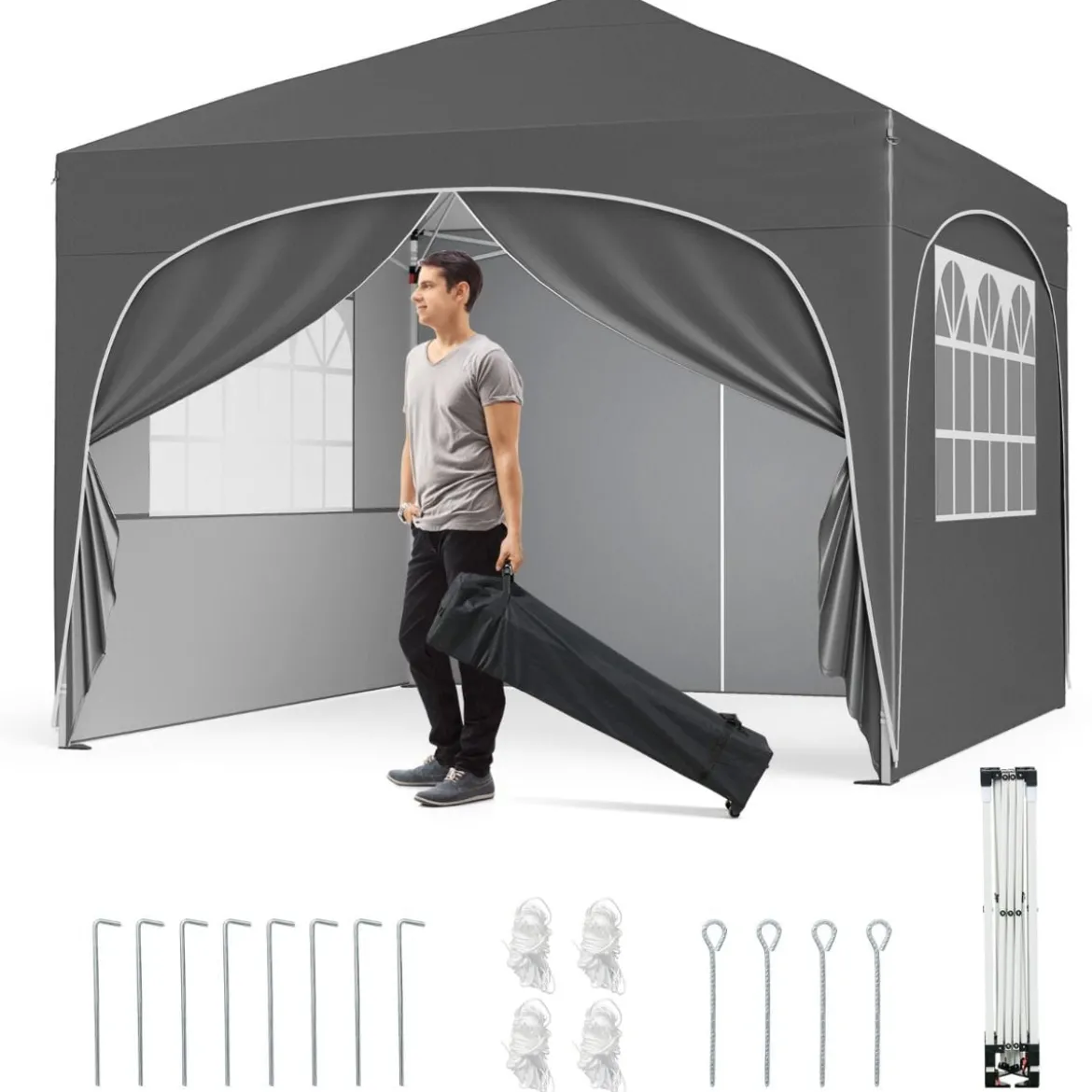 3 x 3 M Pavillon mit 4 Abnehmbaren Seitenwänden Gartenzelt inkl. Rolltasche 8 Heringe 4 Anker Grau