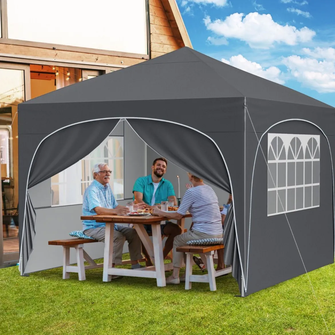 3 x 3 M Pavillon mit 4 Abnehmbaren Seitenwänden Gartenzelt inkl. Rolltasche 8 Heringe 4 Anker Grau