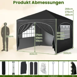 3 x 3 M Pavillon mit 4 abnehmbaren Seitenwänden Gartenzelt inkl. Rolltasche 8 Heringe 4 Anker Schwarz