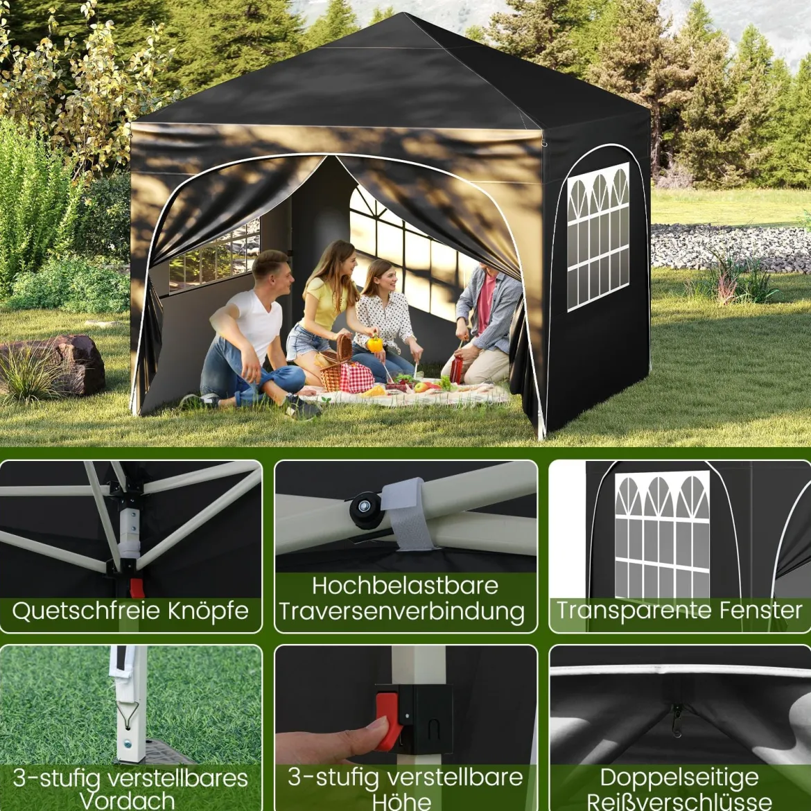 3 x 3 M Pavillon mit 4 abnehmbaren Seitenwänden Gartenzelt inkl. Rolltasche 8 Heringe 4 Anker Schwarz
