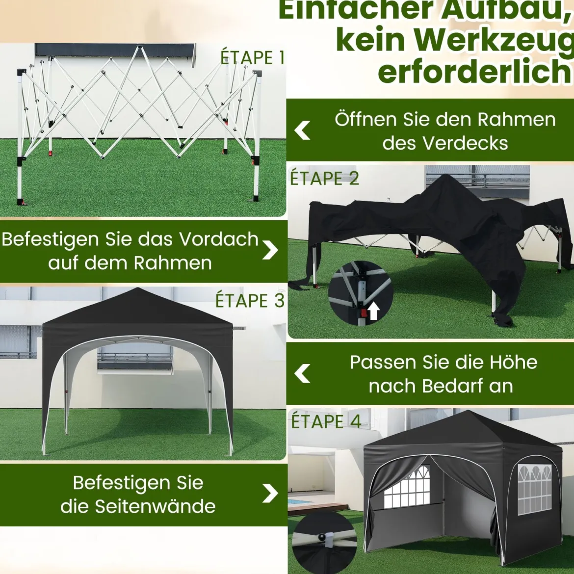 3 x 3 M Pavillon mit 4 abnehmbaren Seitenwänden Gartenzelt inkl. Rolltasche 8 Heringe 4 Anker Schwarz