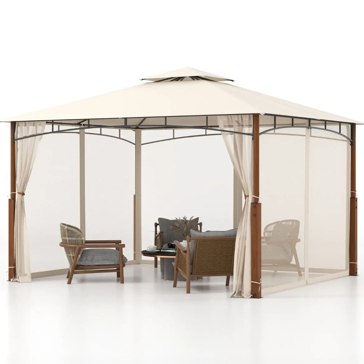 3,6 x 3 m Pavillon mit Doppeldach & Moskitonetz Wasserdichtes Partyzelt Gartenpavillon