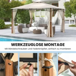 3,6 x 3 m Pavillon mit Doppeldach & Moskitonetz Wasserdichtes Partyzelt Gartenpavillon