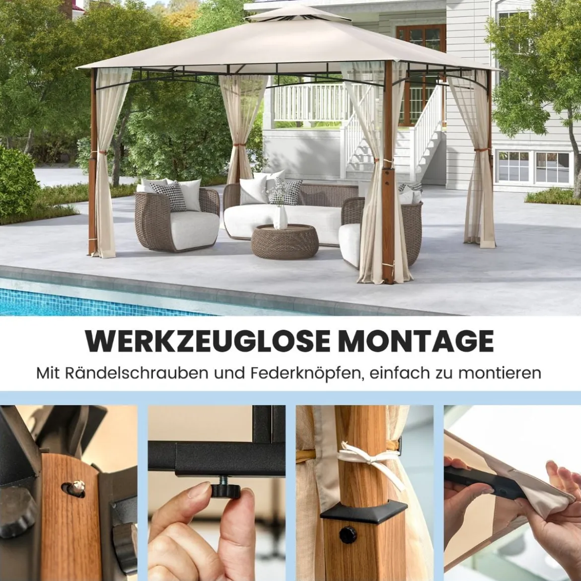 3,6 x 3 m Pavillon mit Doppeldach & Moskitonetz Wasserdichtes Partyzelt Gartenpavillon