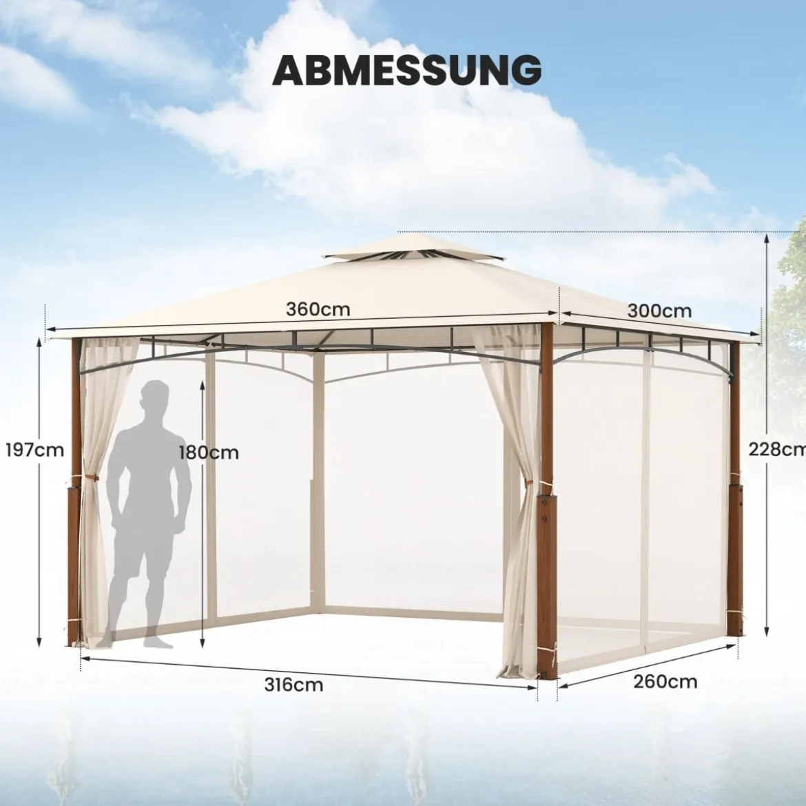3,6 x 3 m Pavillon mit Doppeldach & Moskitonetz Wasserdichtes Partyzelt Gartenpavillon