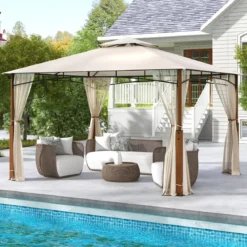 3,6 x 3 m Pavillon mit Doppeldach & Moskitonetz Wasserdichtes Partyzelt Gartenpavillon