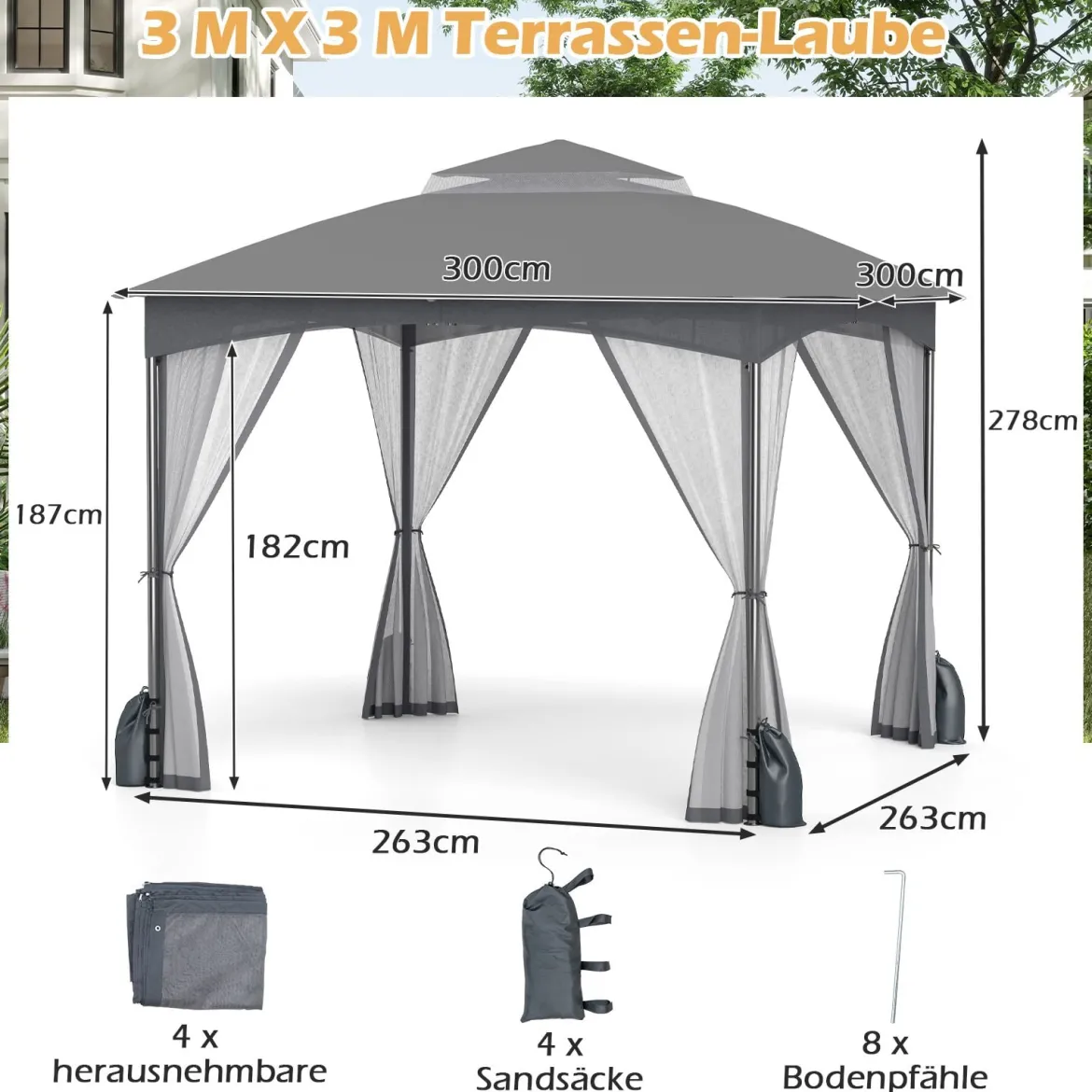 3 x 3 m Pavillon mit Moskitonetz 4 Sandsäcken & Doppeldach wasserdicht stabil winterfest Gartenpavillon für Terrasse Grau