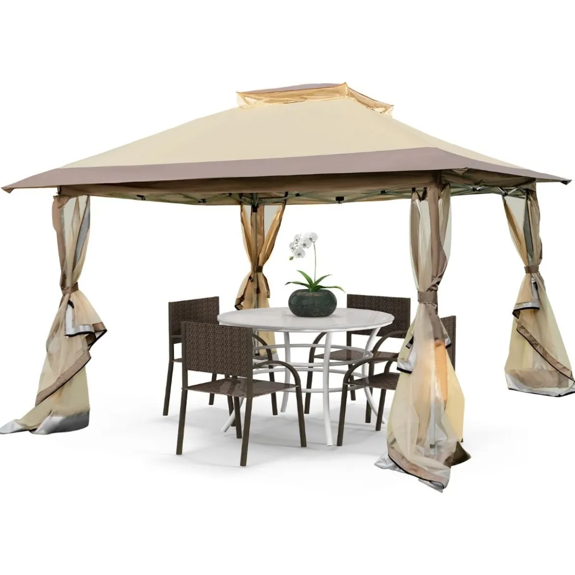 3,6 x 3,6 m Pavillon mit Moskitonetz und Doppeldach UV-Schutz 50+ Faltpavillon Khaki