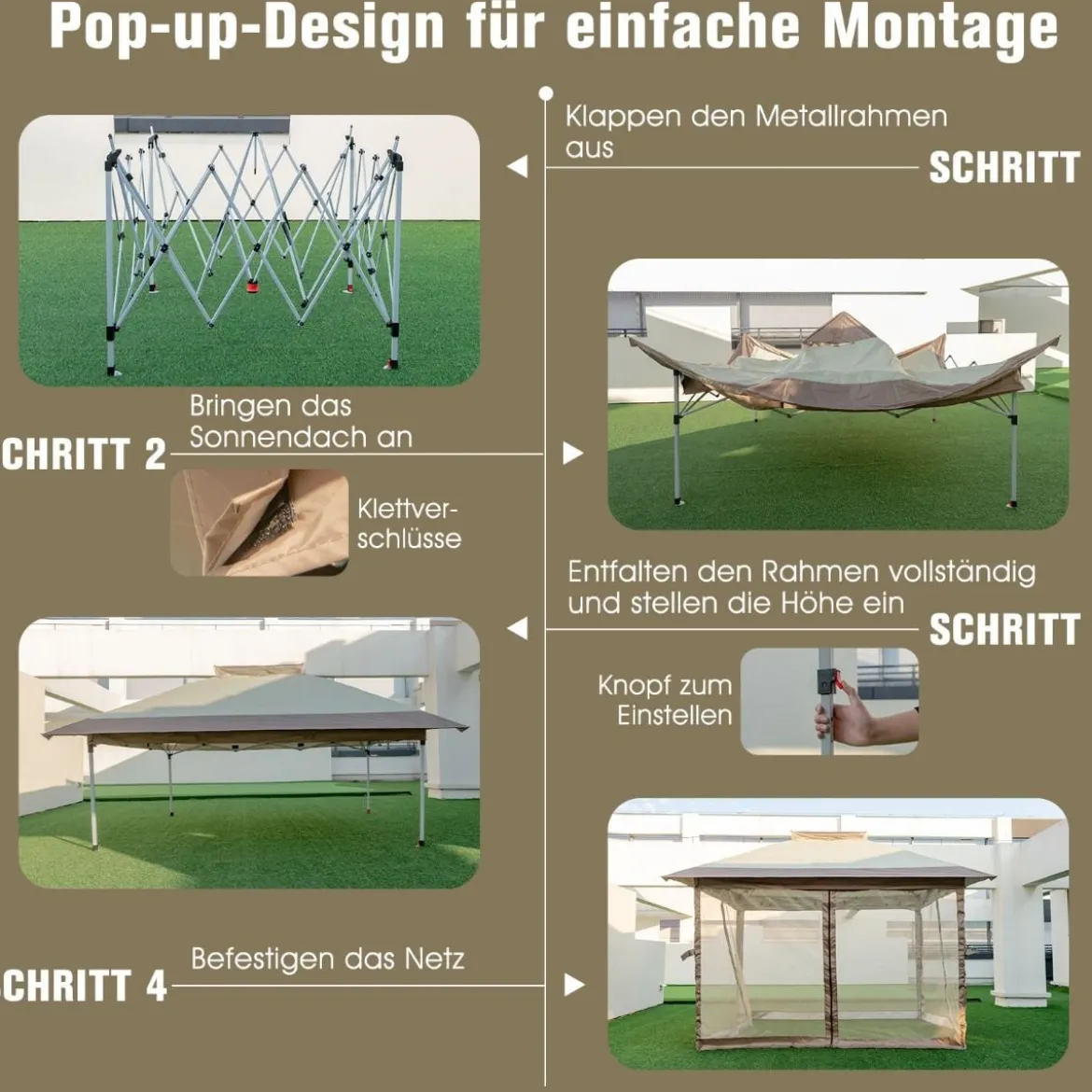 3,6 x 3,6 m Pavillon mit Moskitonetz und Doppeldach UV-Schutz 50+ Faltpavillon Khaki
