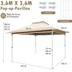 3,6 x 3,6 m Pavillon mit Moskitonetz und Doppeldach UV-Schutz 50+ Faltpavillon Khaki