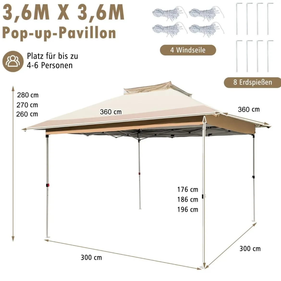 3,6 x 3,6 m Pavillon mit Moskitonetz und Doppeldach UV-Schutz 50+ Faltpavillon Khaki