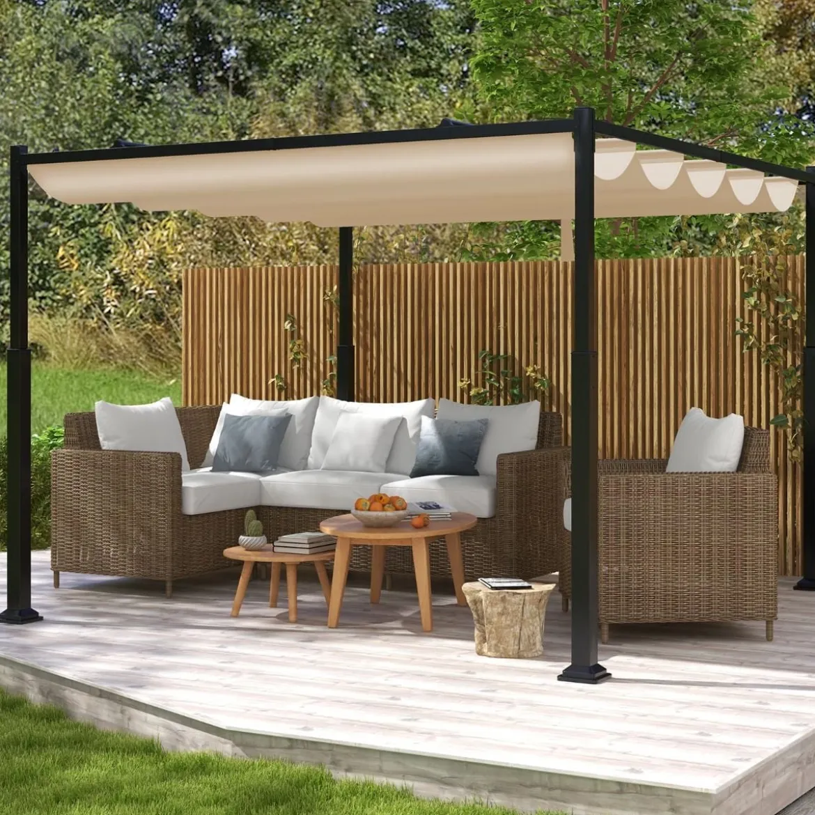 3,1 x 3,1 m Pergola mit Schiebedach Wasserdichter Pavillon Winterfester Gartenpavillon Beige