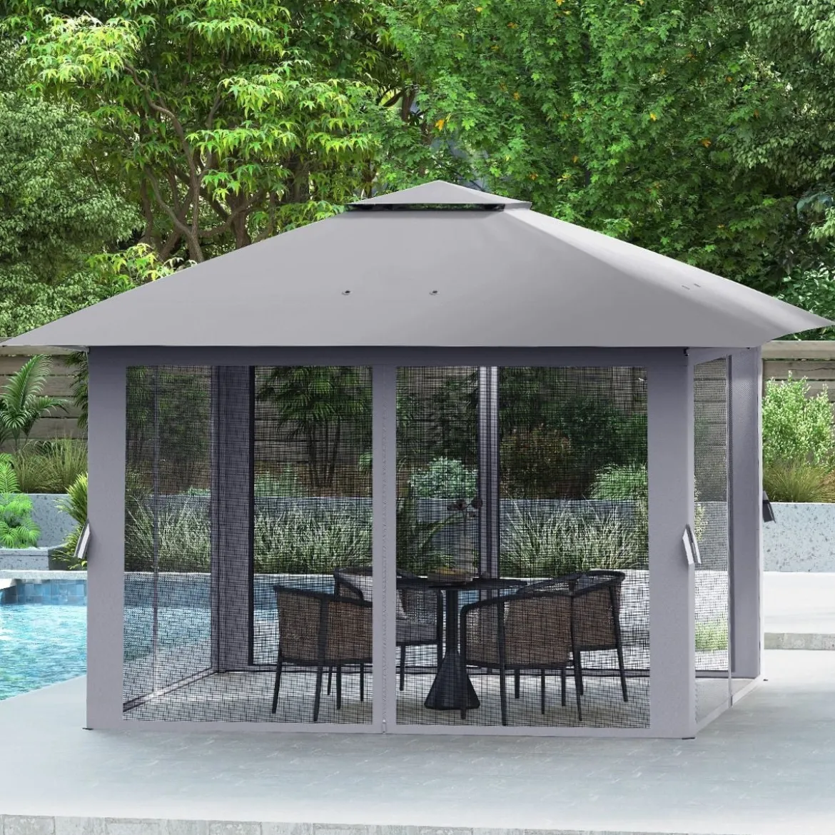 4 x 4 m Pop Up Faltpavillon mit 4 Moskitonetz & Doppeldach Gartenpavillon inkl. Tragetasche Grau